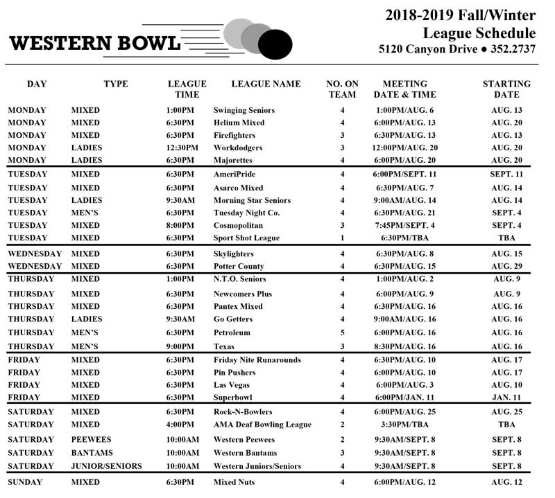 Western Bowl League Schedule